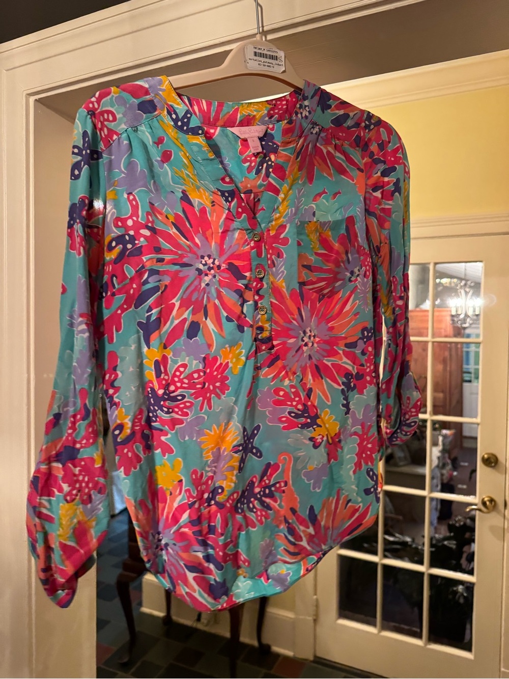 LILLY PULITZER Floral Button-Front Women's Blouse - Aqua Pink Multi